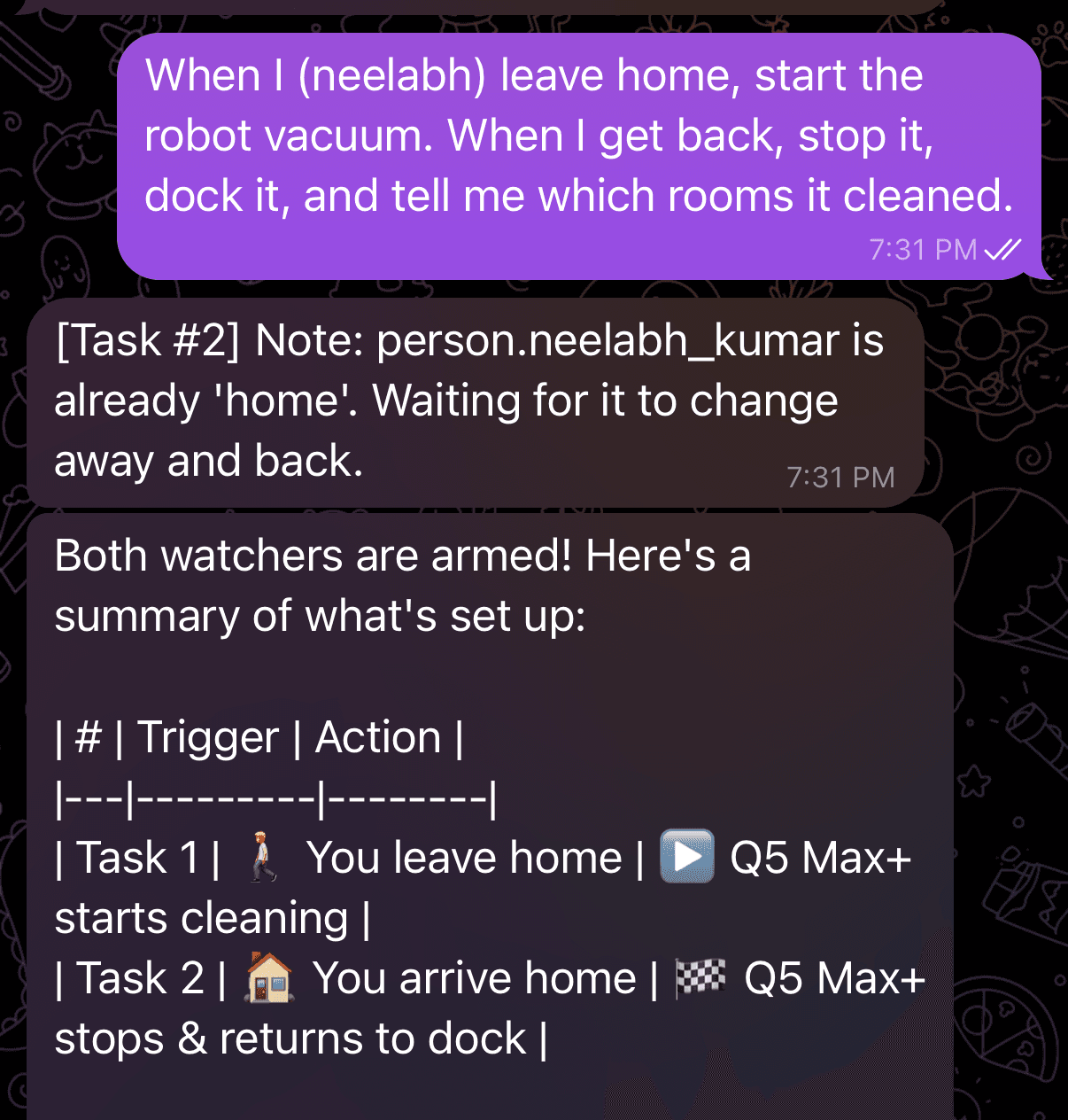 Telegram conversation showing natural language Home Assistant control